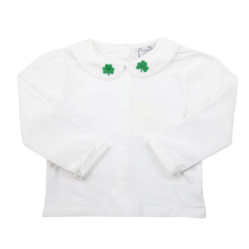 Boys Long Sleeve Peter Pan White Knit Shirt with Shamrock