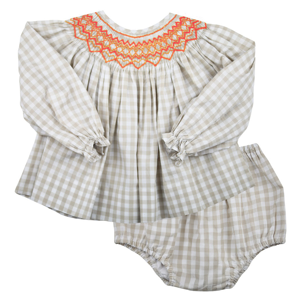 Smocked Khaki Gingham Bloomer Set