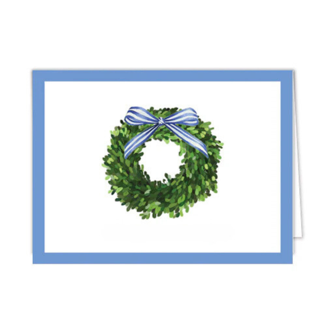 Boxwood Wreath with Striped Bow Christmas Folded Notecards