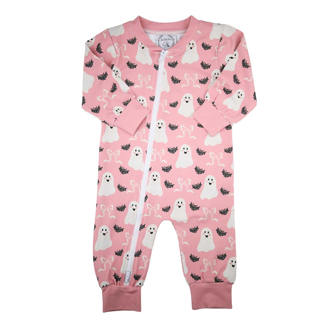 Pink Ghost Halloween Zip Romper