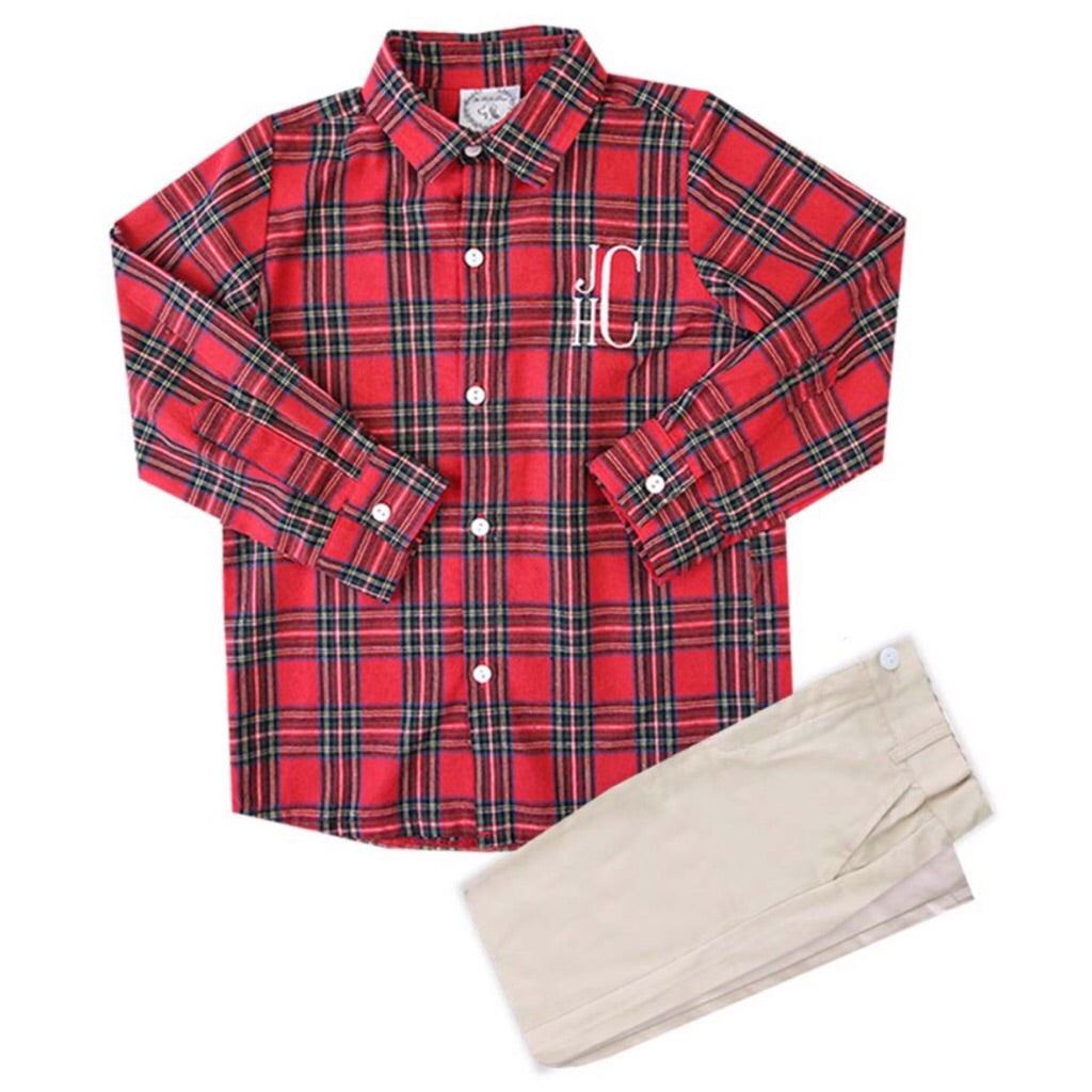 Monogram Red Tartan Classic Button-down style Boys Holiday 