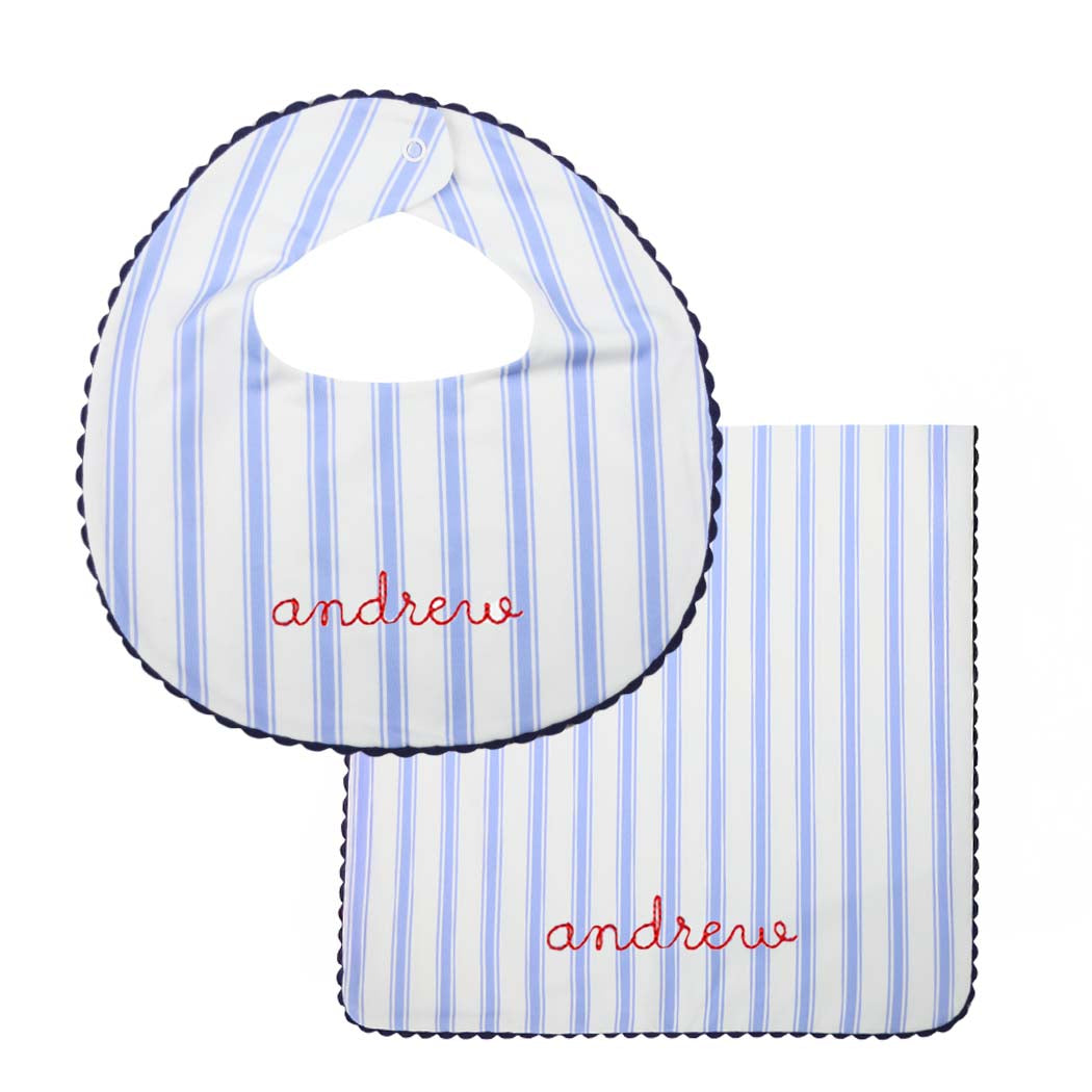 Blue Ticking Burp Cloth & Bib Set