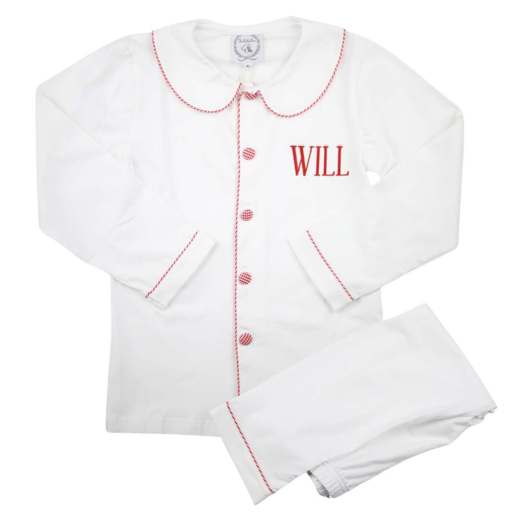 Boys White Loungewear with Tartan Trim